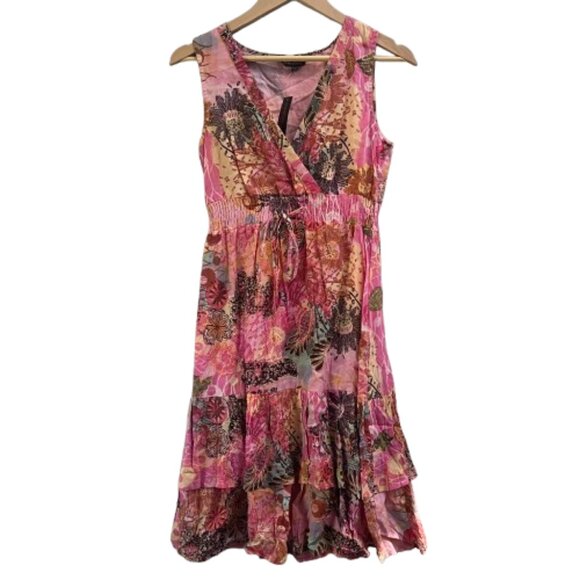 Chaudry Anthro Floral Tiered V-Neck Ruched Cinch Waist Dress Pink Boho NEW Small - Picture 1 of 5